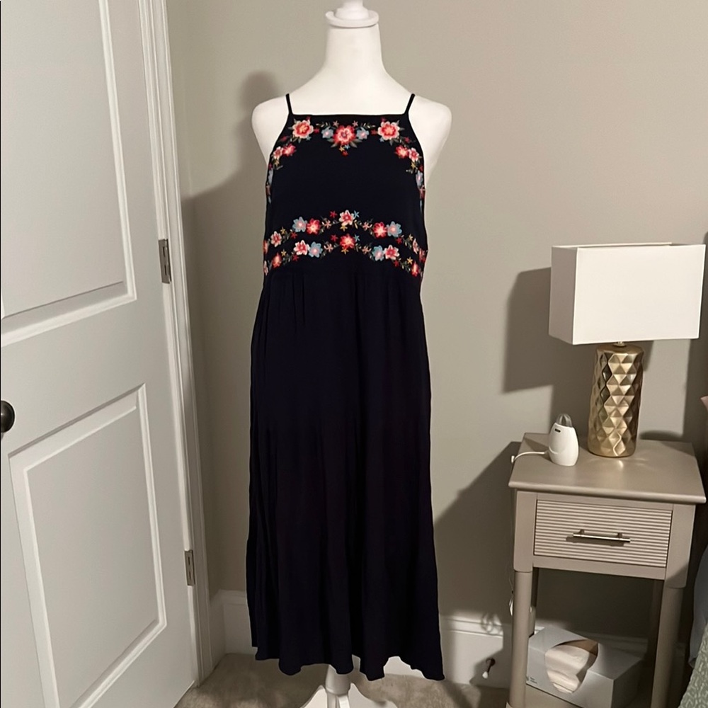 Floral Embroidered Navy Maxi Dress